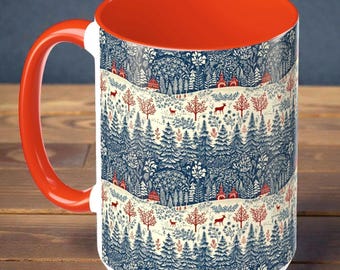Scandinavian Folk Mug, Nordic Winter Village & Deer, Red Accent Mug, Cozy Hygge Holiday Coffee Cup