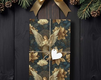 Vintage Floral Angel Gift Wrap, Baroque Angelic Christmas Wrapping Paper K6