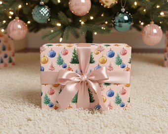 Art Deco Pine Trees & Ornaments Gift Wrap, Geometric Vintage Wrapping Paper for Christmas K6