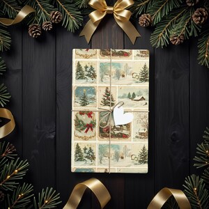 Papel de regalo navideño vintage, papel de regalo con postales navideñas retro, papel con escenas invernales nostálgicas, diseño festivo de árbol y cabaña K6