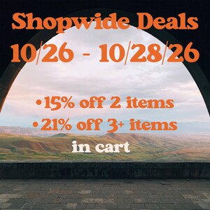 a scenic view of a mountainous landscape through a window or archway. The text overlay provides information about a shopping deal, including discounts on various items.