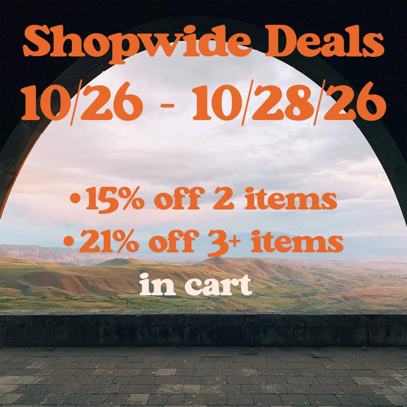 a scenic view of a mountainous landscape through a window or archway. The text overlay provides information about a shopping deal, including discounts on various items.