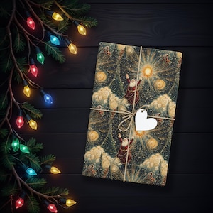 Inpakpapier hemelse kerstman wolk, kerstcadeau dennenboom inpakpapier, kerstversiering sterrennachthemel, grillige vintage kerstmanprint K6