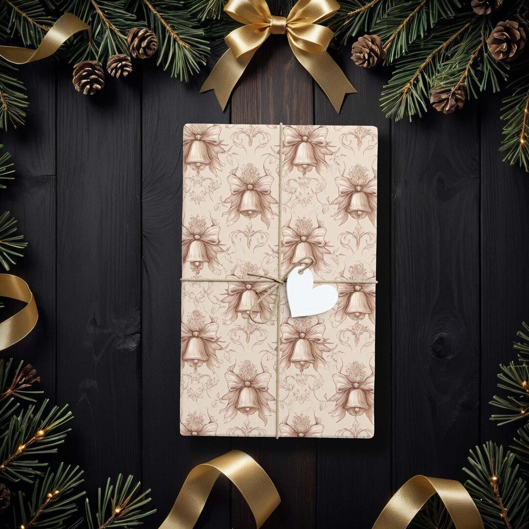 Paper Bell Open Bell Garland Vintage Gift Wrap, Elegant Beige Wrapping Paper With Hand ...