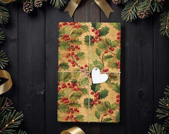 Holly Leaves & Berries gift wrap, Vintage Christmas wrapping paper K6