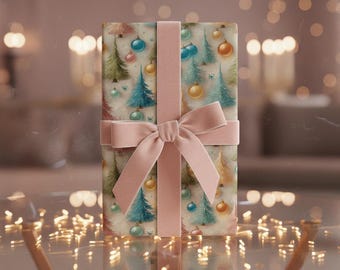 Blue Pink & Green Pine Trees with Ornaments Gift Wrap, Vintage Off-White Wrapping Paper K6