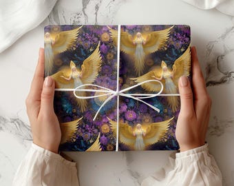 Celestial Angel Christmas Gift Wrap, Starry Night Holiday Wrapping Paper with Golden Winged Angels & Purple Florals K6