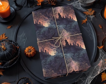 Gothic Halloween Wrapping Paper, Haunted Graveyard Gift Wrap for Horror Lovers, Dark Academia Fans, Spooky Birthdays & Holidays K3