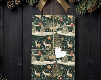 Papier cadeau élégant motif rennes, papier cadeau de Noël forêt sombre, papier cadeau festif avec cerfs, papier cadeau rustique d'hiver pour Noël K6