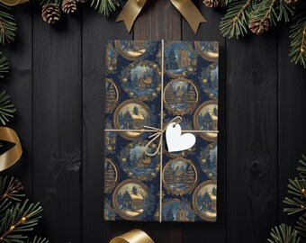 Vintage Winter Village Christmas Wrapping Paper, Elegant Holiday Gift Wrap for Cottagecore & Nostalgic Christmas Gift Giving K6