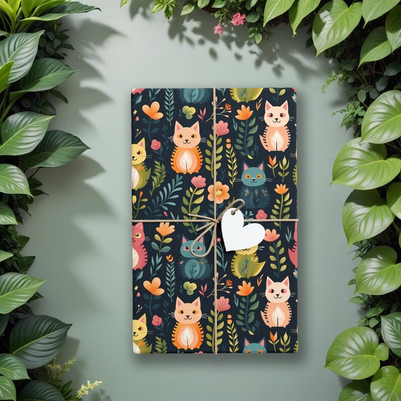 猫柄のクリスマスラッピングペーパー、ペット用ラッピングペーパー、クリスマスラッピングペーパー、猫用ギフトラッピング、ペット用ギフトラッピング、コテージコア風ラッピングペーパー K3 画像 1