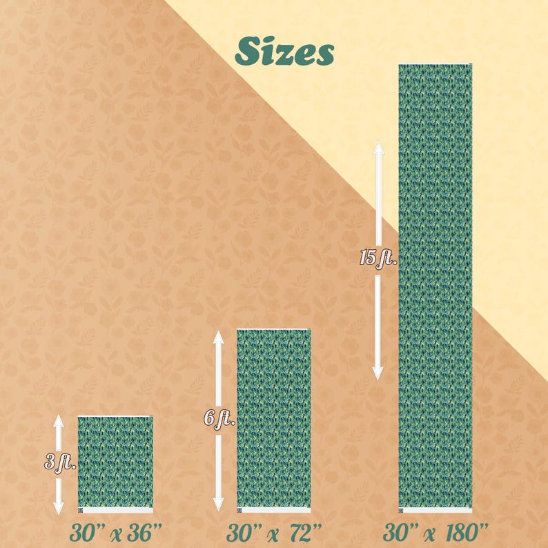 May include: Three different sizes of wallpaper rolls with a green and blue floral pattern. The rolls are 30 inches wide and 36, 72, and 180 inches long.