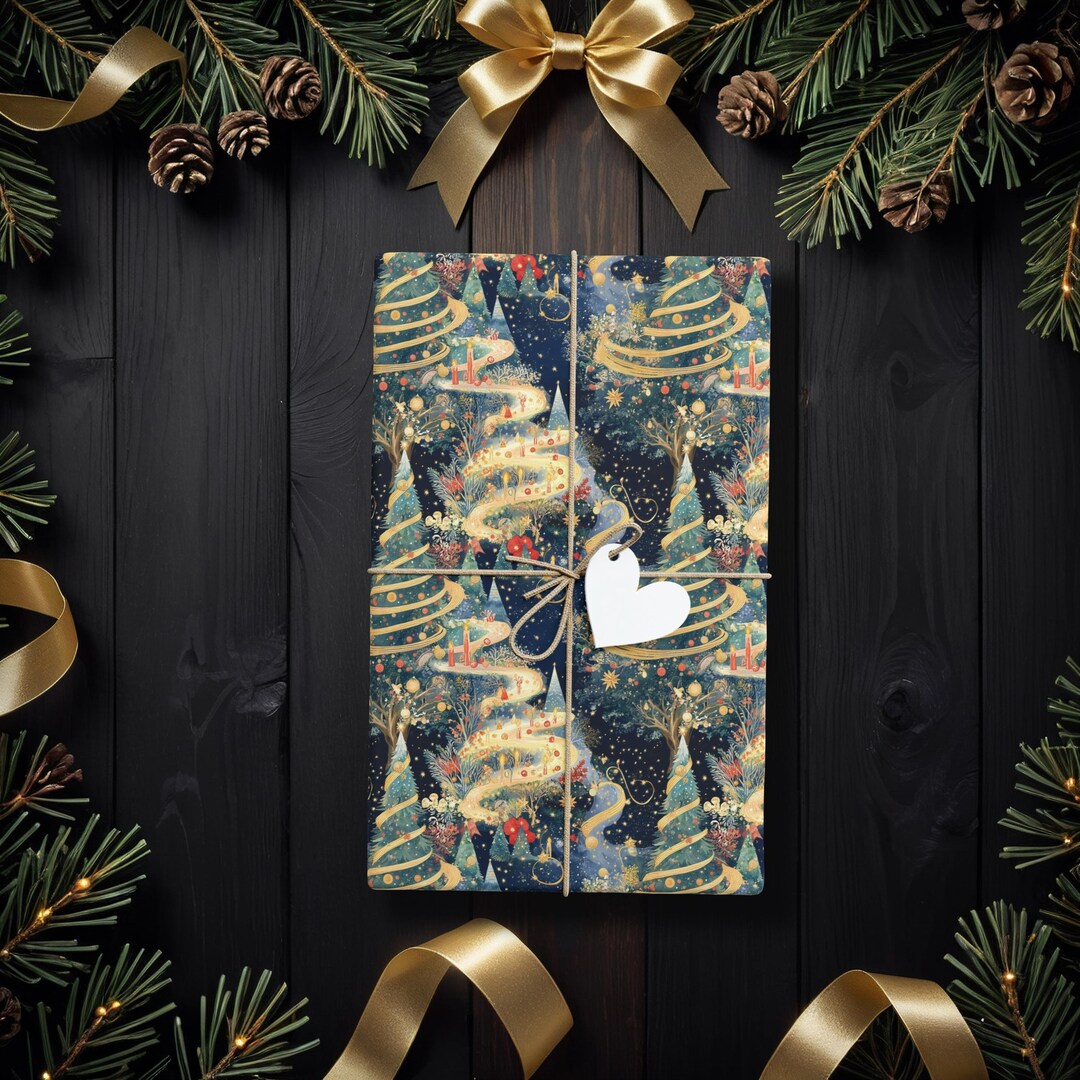 Golden Ribbon Christmas Tree Gift Wrap, Elegant Holiday Wrapping Paper ...
