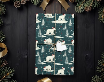 Vintage Polar Bear Christmas Gift Wrap, Winter Animal Wrapping Paper for Kids, Nature Lovers, Holiday Birthdays, Cute Arctic Bear Design K6