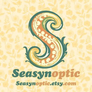 May include: A stylized green and orange letter S with floral designs on a yellow floral background. The text "Seasynoptic" and "Seasynoptic.etsy.com" is below the letter.