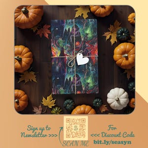 May include: A wrapped gift box with a spooky Halloween design featuring a house, trees, and figures. The box is tied with twine and a white heart-shaped tag. The background features fall leaves and pumpkins.