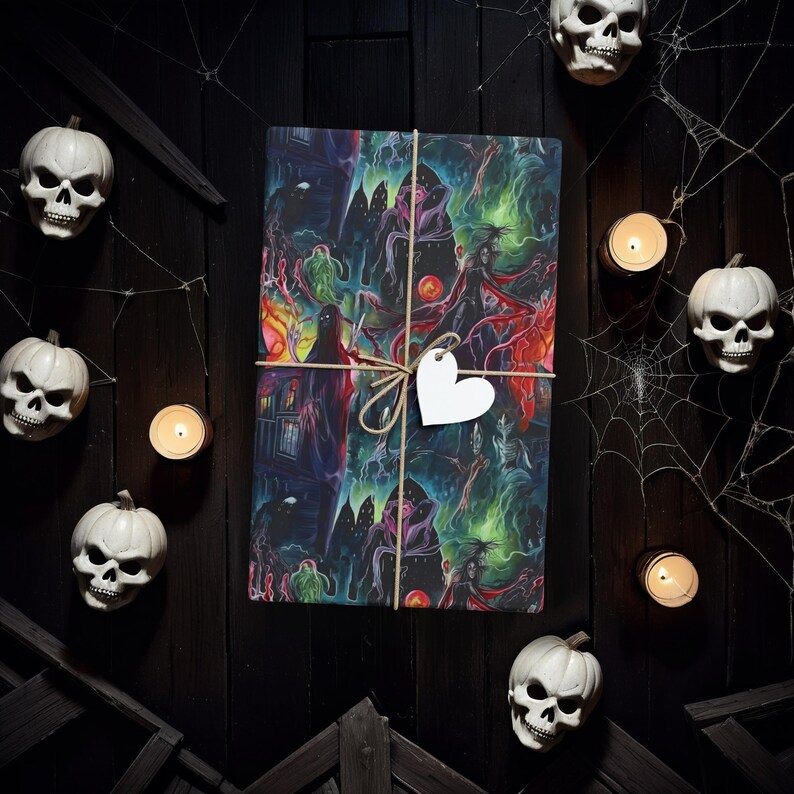 May include: A black and green gift wrap with a spooky Halloween theme. The wrap features a variety of spooky characters and imagery, including ghosts, witches, and bats. The wrap is tied with a brown twine bow and a white heart-shaped tag.