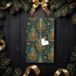 Celestial Forest kerstcadeaupapier, magische boom cadeauverpakking voor vakantiecadeaus, elegant donkergroen papier voor fantasyliefhebbers K6