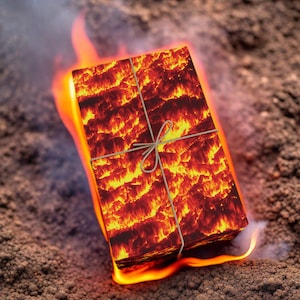 May include: A gift box wrapped in fiery orange and red lava-like paper with a brown twine bow. The box is on fire and surrounded by smoke.