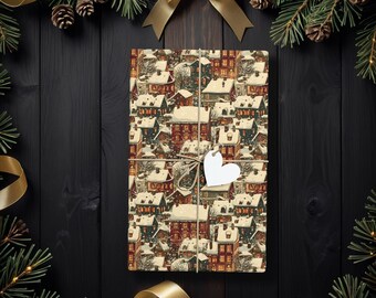 Vintage Snowy Village Christmas Wrapping Paper, Holiday House Gift Wrap for Winter Birthdays, Cozy Gifts, or Festive Occasions K6