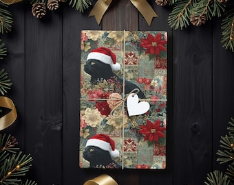 Vintage Black Cat Christmas Wrapping Paper, Holiday Botanical Gift Wrap with Santa Hat Cat and Winter Florals K6