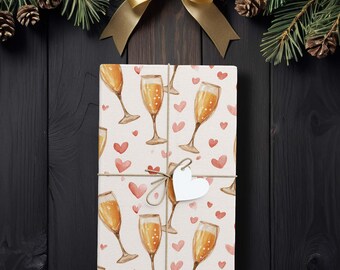 Watercolor Champagne Hearts Gift Wrap, Soft Romantic Wrapping Paper for Weddings & Love Gifts K3