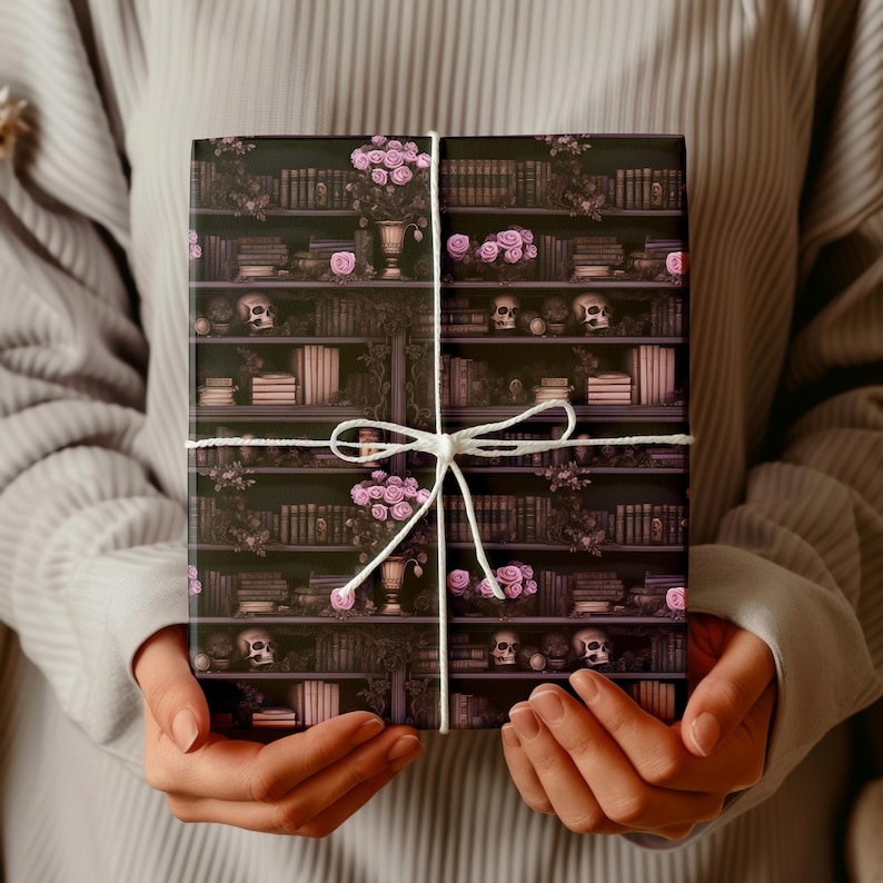Goth wrapping paper rolls Skull wrapping paper Book wrapping paper Gothic wrapping paper Goth Gift Wrap Victorian gift wrap Books wrap K3 image 7
