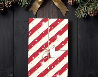 Papel de regalo navideño festivo con rayas rojas y crema, K6