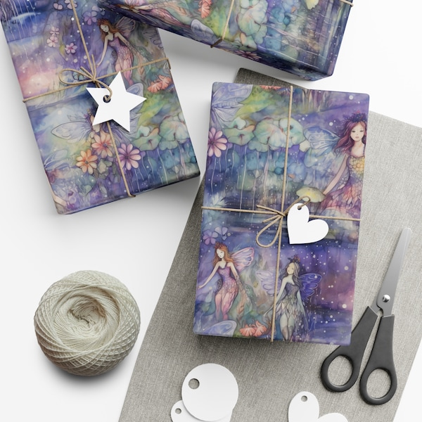 Fairy gift wrap, Fairycore gift wrap, Cottagecore gift wrap, Water color Cute Fairies gift wrap, Fantasy gift wrap, Fairie papers