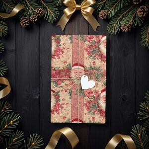 Vintage Santa Patchwork Gift Wrap, Cozy Traditional Christmas Wrapping Paper with Holly and Floral Borders K6
