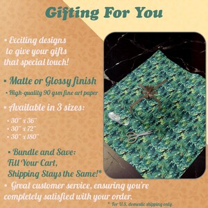 May include: Green and blue camouflage wrapping paper with a brown ribbon tied around a small gift box. The paper is available in three sizes: 30 inches by 36 inches, 30 inches by 72 inches, and 30 inches by 180 inches. The paper is made of high-quality 90 gsm fine art paper and has a matte or glossy finish.