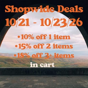 The image is a promotional poster advertising a shopping deal with a scenic mountain view in the background. The poster provides details about the deals, including discounts on items and the number of items purchased.