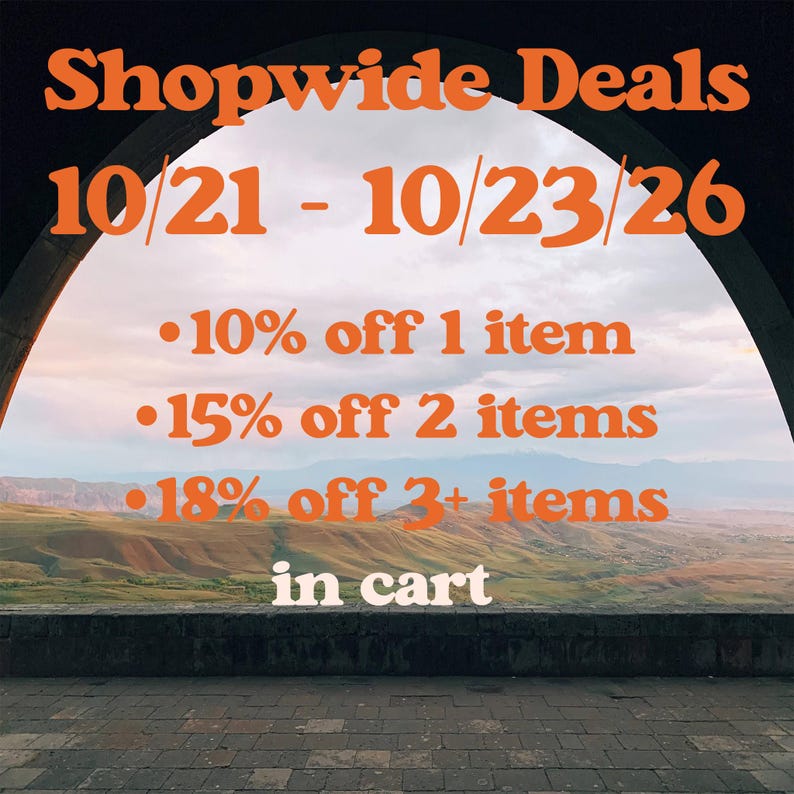 The image is a promotional poster advertising a shopping deal with a scenic mountain view in the background. The poster provides details about the deals, including discounts on items and the number of items purchased.