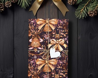 Kupferfarbene Glocken & Bänder Geschenkpapier, Pflaumenblaues Weihnachtsgeschenkpapier K6