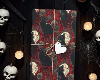 Gothic Black Cat Halloween Gift Wrap, Spooky Red Vines Wrapping Paper for Witches, Horror Fans, Dark Aesthetic Birthdays & Parties K3