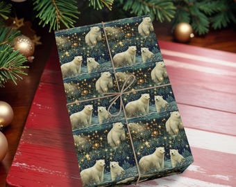 Polar Bear Christmas Gift Wrap, Arctic Winter Wonderland Wrapping Paper, Holiday Gift Wrap for Nature Lovers, Animal Christmas Paper K6