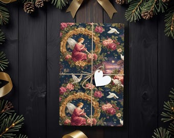 Heavenly Angel Christmas Wrapping Paper, Vintage Starry Night Angel and Floral Holiday Gift Wrap K6