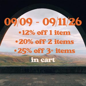 The image is a promotional poster for a sale, featuring a scenic view of mountains and a stone archway. The text on the poster announces a sale with discounts on various items, including a 12% discount on one item, a 20% discount on two items, and a 25% discount on three or more items in cart.