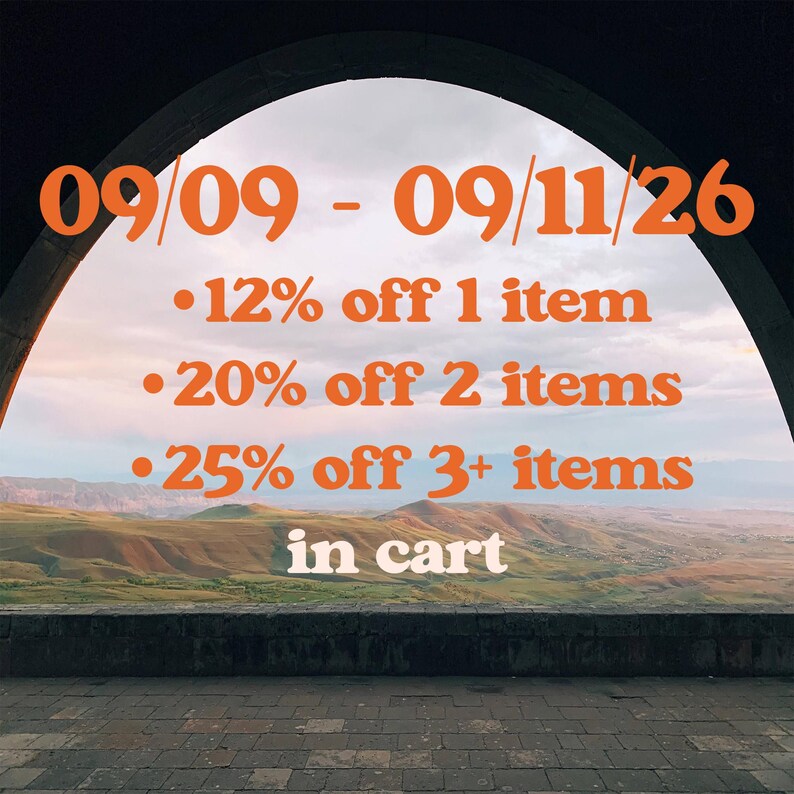 The image is a promotional poster for a sale, featuring a scenic view of mountains and a stone archway. The text on the poster announces a sale with discounts on various items, including a 12% discount on one item, a 20% discount on two items, and a 25% discount on three or more items in cart.