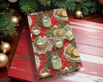 Milk and Cookies Christmas Wrapping Paper, Holiday Gift Wrap for Kids, Bakers, or Santa Lovers, Cozy Retro Kitchen Christmas Style K6