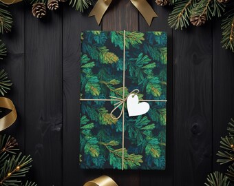 Papel de regalo botánico Evergreen, papel de regalo rústico de Navidad para amantes de la naturaleza, estética de cabaña navideña, papel de regalo estilo bosque K6