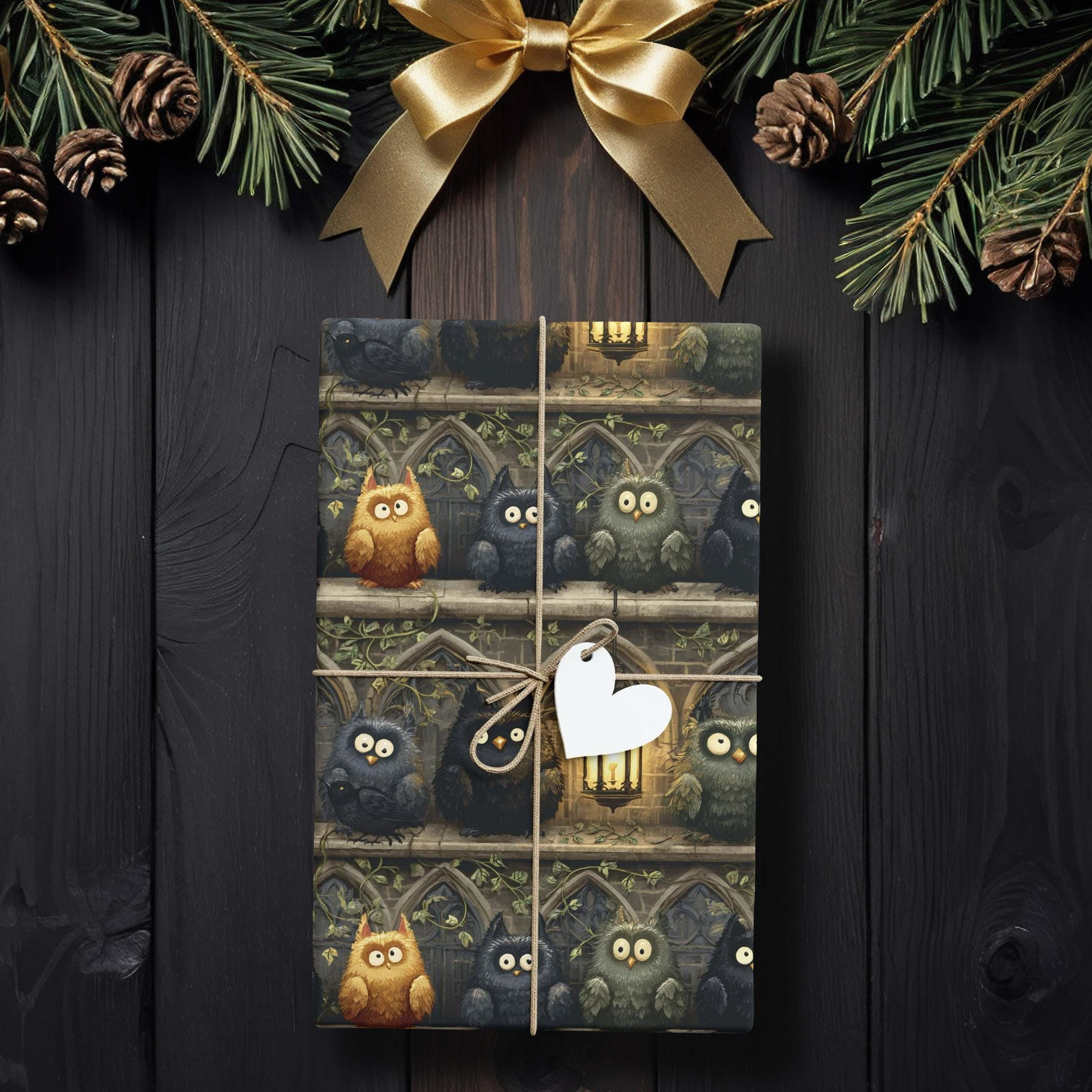 Whimsical Owl Wrapping Paper, Gothic Cathedral Owls Gift Wrap, Dark Academia Birthday Wrap, Cozy Fan