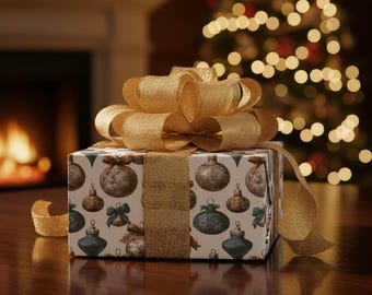 Vintage Ornaments Gift Wrap, Classic Holiday Baubles Wrapping Paper for Christmas Gifts K6