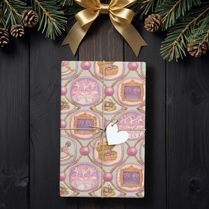 Geschenkpapier mit Ballerina-Motiv, Geschenkpapier mit rosa Ballettmedaillon, Geschenkpapier mit Vintage-Schaukelpferd und Spieluhr, Geschenkpapier mit Nussknacker-Motiv K6