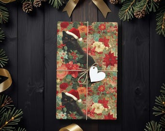 Black Cat Christmas Floral Gift Wrap, Whimsical Holiday Wrapping Paper with Santa Hat Cat and Red Flowers K6