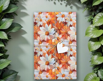 Papel de regalo con margaritas retro, papel de regalo floral naranja primaveral, estampado floral vintage de los años 70, papel de regalo bohemio para cumpleaños y festividades K3