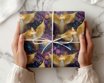 Celestial Angel Christmas Gift Wrap, Starry Night Holiday Wrapping Paper with Golden Winged Angels & Purple Florals K6