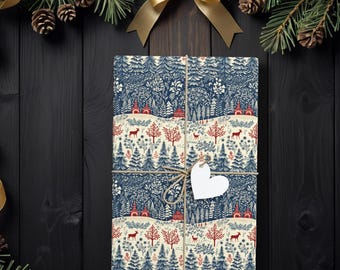 Nordic Folk Christmas Wrapping Paper, Red and Blue Winter Forest Gift Wrap for Nature Lovers, Moms, Grandparents, Holiday Gifting K6