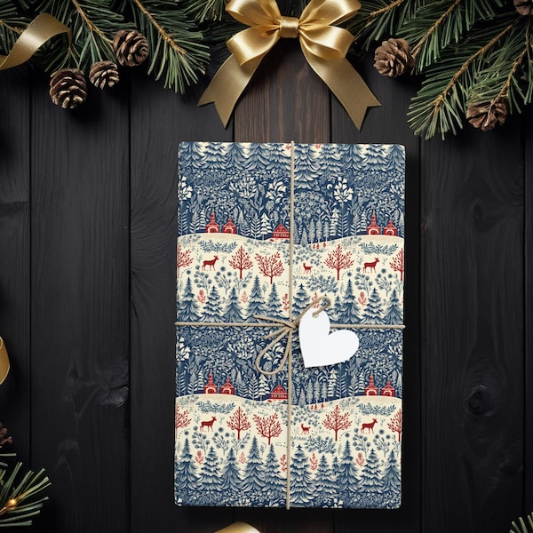 Nordic Folk Christmas Wrapping Paper, Red and Blue Winter Forest Gift Wrap for Nature Lovers, Moms, Grandparents, Holiday Gifting K6