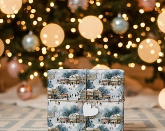 Rustic Winter Village Gift Wrap, Vintage Snowy Town Wrapping Paper for Christmas Gifts K6